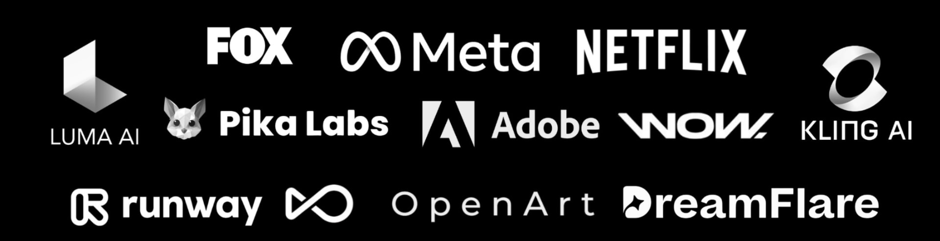 Logo collection from the VANRAM Studios archive: Luma AI, FOX, Meta, Netflix, Pika Labs, Adobe, Nova, Kling AI, Runway, OpenArt and DreamFlare