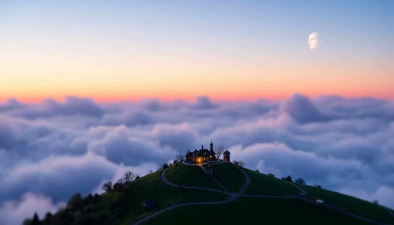 A frame from the original VANRAM Studios film loop: a storybook house above the clouds
