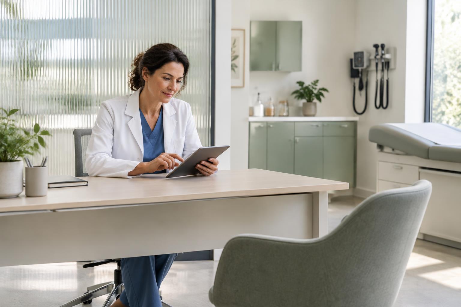 AI-generated fictional physician using a tablet in a modern consultation room