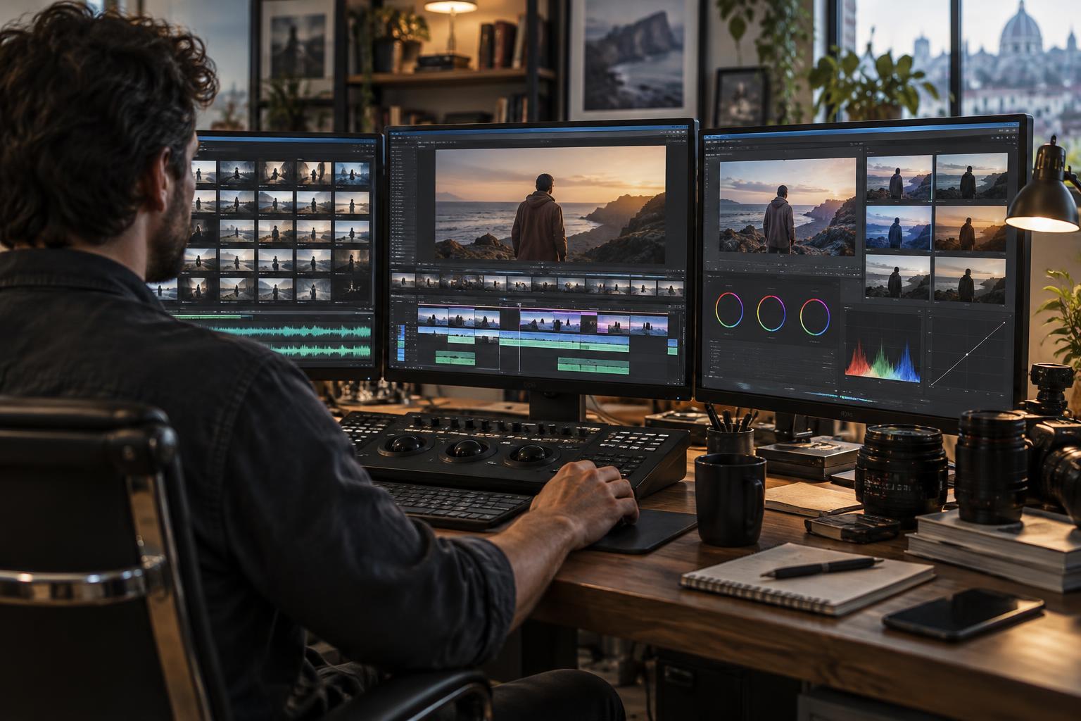 AI-generated over-the-shoulder view of a human editor directing next-generation cinematic production