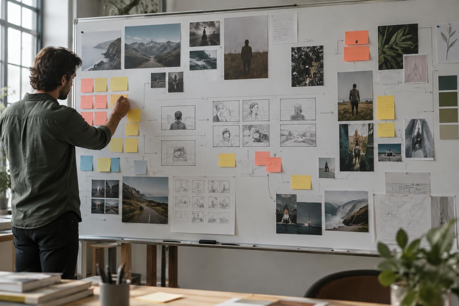 AI-generated creative strategy whiteboard with sticky notes, sketches and storyboards